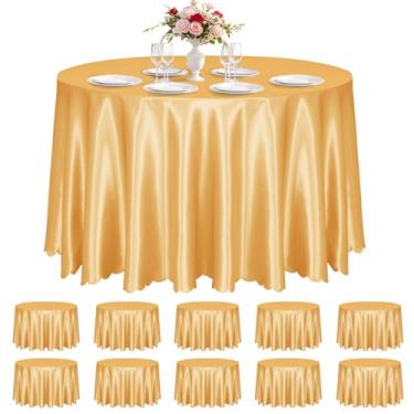 Imagem de KKJIAF Pacote com 10 toalhas de mesa redondas de cetim dourado, 224 cm, sobreposição, toalha de mesa de jantar de cetim sedoso para decoração de banquetes de casamento, buffet, festas