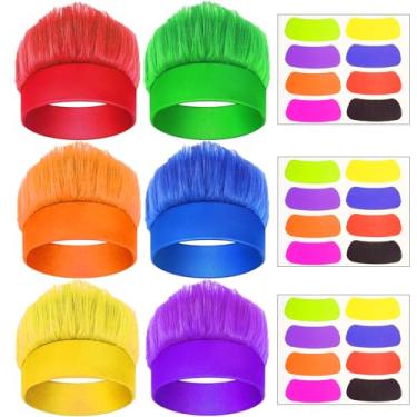 Imagem de 6Pcs Hairy Headbands Trolls Flowy Crazy Hair & Stickers - Spirit Week Accessory Sports Cheering Headwear Costume Props (Mixed Colors)