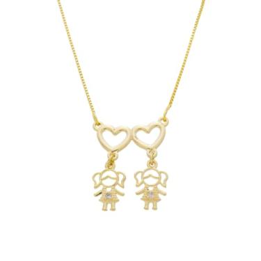 Imagem de Colar 2 Filhos Menino Menina Pingente Coração Banhado Ouro Cor Dourado (Duas Meninas)