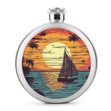 Imagem de Cantil de aço inoxidável, pôr do sol e veleiro frasco de metal clássico cantil de bolso garrafa de viagem garrafa portátil de licor