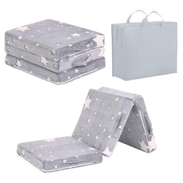 Imagem de Tiita Colchão de chão com três dobras para crianças, que brilha no escuro com capa removível, tapete de espuma portátil para cochilo infantil com bolsa de armazenamento para meninas e meninos, estrela