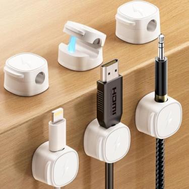 Imagem de Clipes magnéticos para cabos [1 cadeado] Organizador de cabo adesivo para mesa de cabeceira, pacote com 6 clipes de gerenciamento de cabos de mesa, carregador de telefone, organizador de fios para