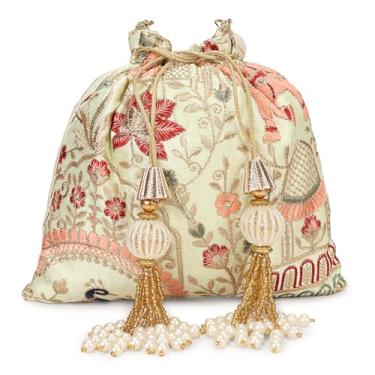 Imagem de LONGING TO BUY Bolsa feminina Potli com bordado Golden Zari, bolsa Polti para casamento e noite Potli Clutch para uso étnico, Verde claro, L 8" X W 1" x H 9" Inch