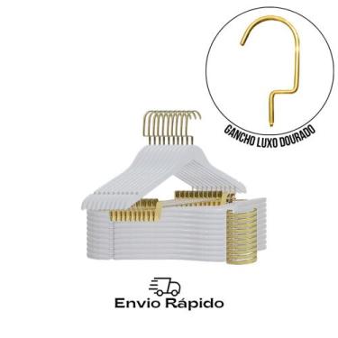 Imagem de Cabide Luxo Adulto em Madeira Branca com Presilhas e Gancho Dourado  1
