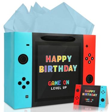 Imagem de JOARHONAL Bolsa de presente de aniversário de videogame – Bolsa extra grande de presente de feliz aniversário de 42 cm com papel de seda e cartão para videogame de meninos e crianças