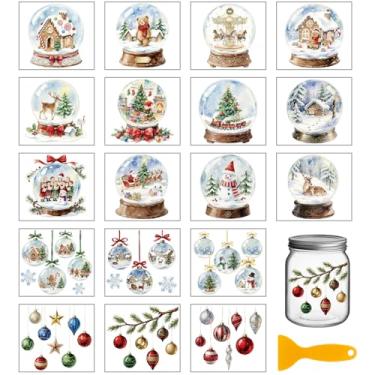 Imagem de GLOBLELAND 18 folhas de adesivos de transferência de globo de neve de Natal 9,99 x 9,1 cm decalque colorido de transferência de inverno boneco de neve árvore de Natal esfregar na transferência para