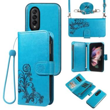 Imagem de Asuwish Capa de celular para Samsung Galaxy Z Fold 3 5G 2021 com zíper carteira magnética destacável com protetor de tela de vidro temperado, suporte de cartão de flores ZFold3 Z3 Fold3 3Z ZFold35G