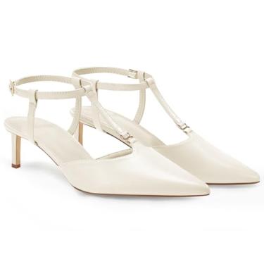 Imagem de Coutgo Sapato social feminino com salto gatinho, tira em T, fechado, bico fino, salto baixo, tira no tornozelo, confortável, Branco cremoso., 37