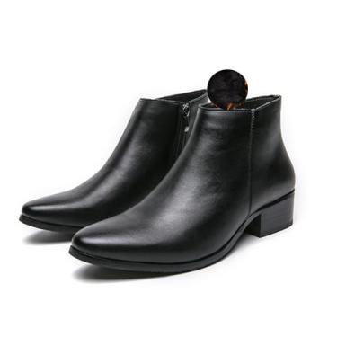 Imagem de Botas masculinas clássicas de couro polido com zíper lateral Chelsea, bico fino, sem cadarço, quente, confortável, impermeável, Chukka, moda, salto baixo, botas Chelsea, Preto - A, 42