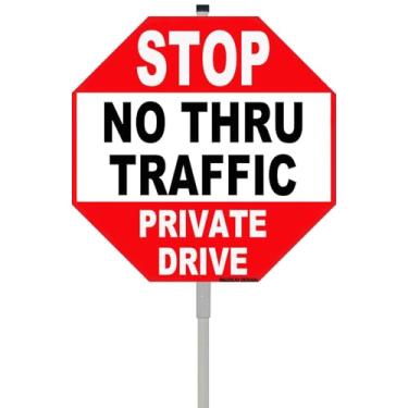 Imagem de WAGSUO Placa de condução privada STOP No Thru Traffic 25,4 cm x 25,4 cm com estacas de metal longas de 71 cm de alumínio refletivo resistente ao desbotamento
