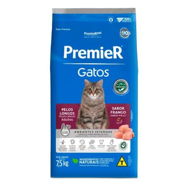 Imagem de Ração Premier Ambientes Internos Pelos Longos para Gatos Adultos Sabor Frango 7,5kg