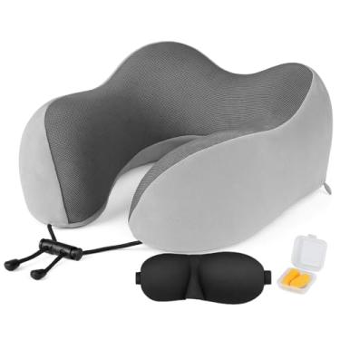 Imagem de Travesseiro de pescoço para viagem – Travesseiro cervical 100% de espuma viscoelástica pura, ergonômico e macio, para dormir e descansar em avião, carro, escritório ou casa (cinza)