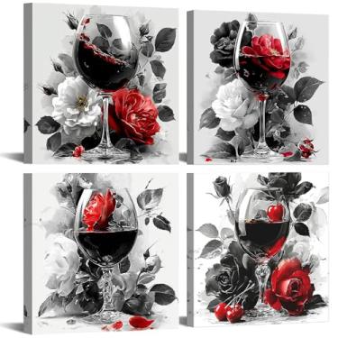 Imagem de Arte de parede de flor de rosa aquarela imagens de vidro de vinho tinto decoração de parede cozinha bar decorações de casa, impressões em preto e branco arte moderna floral botânica pôsteres pintura