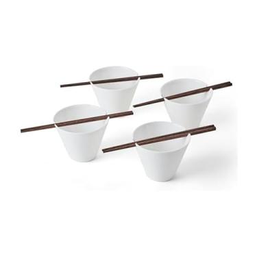 Imagem de Mikasa Delray Bone China Tigela de macarrão leve resistente a lascas com pauzinhos, branco, conjunto de 4, 4,75 polegadas