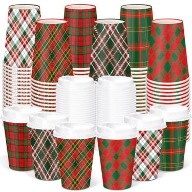 Imagem de Yungyan 120 conjuntos de xícaras de café descartáveis de Natal com tampas 340 g Xícaras de papel xadrez de búfalo de Natal com cacau quente para viagem para bebidas quentes e frias, chocolate, chá
