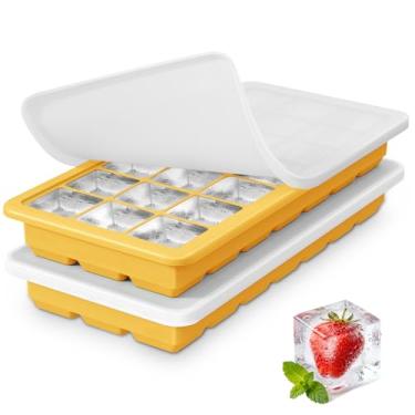 Imagem de Bandejas de silicone para cubos de gelo, 2 unidades, formas de cubos de gelo de fácil liberação com tampa, máquina de gelo empilhável para freezer para uísque, comida de bebê, livre de BPA