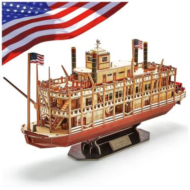 Imagem de Quebra Cabeças 3D para Adultos, Tema Navio Mississippi com 142 Peças, CubicFun, Marrom