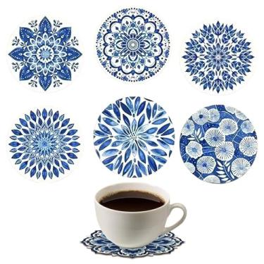Imagem de 6 peças de porta-copos de madeira floral mandala azul e branca - resistente ao calor e não escaldante - adequado para café e bebidas uso doméstico e restaurante - perfeito para o Natal, Páscoa