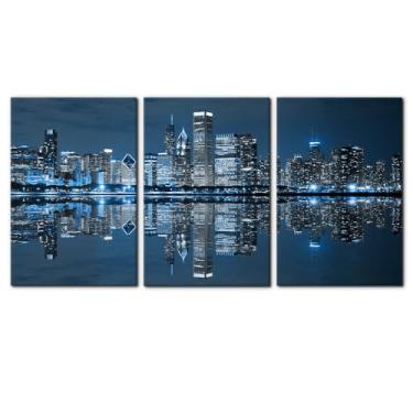 Imagem de Pacimo Impressão de arte de parede em tela moderna paisagem urbana de Chicago Arranha-céus à noite pinturas do horizonte da cidade pinturas para decoração de casa decoração emoldurada pronta para