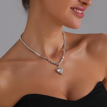 Imagem de Colar de coração de metal, corrente de clavícula grossa leve e luxuosa para mulheres, presente de joia moderna com contas em camadas de pêra no Instagram