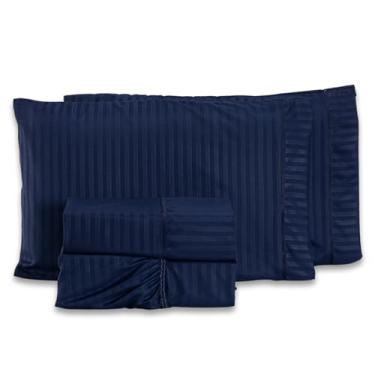 Imagem de Jogo de Cama Lençol KING Mônaco Fitado com Fronhas 04 Peças - Tecido Listrado Percal Soft 300 Fios Acetinado Brilhante (Azul Marinho)