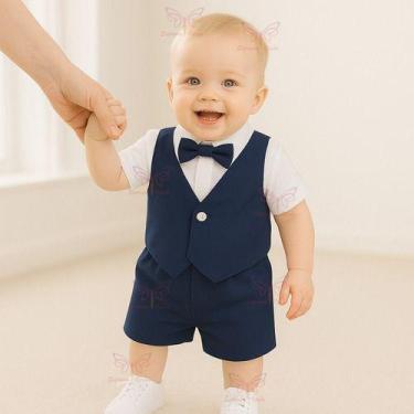 Imagem de Conjunto Infantil Social Shorts Xadrez Listrado Gravata Borboleta Bebê