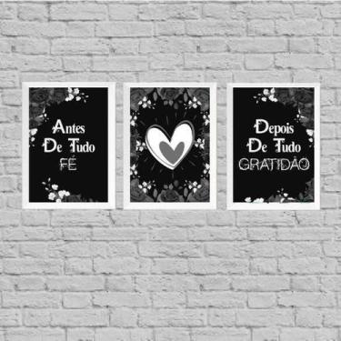 Imagem de Kit 3 Quadros Fé E Gratidão Preto Com Cinza 45X34Cm - Quadros On-Line