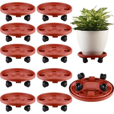 Imagem de 10 pacotes grande organizador de plantas com rodas 33 cm suportes de planta rolante de plástico resistente base de rolo de plantas pires sobre rodas carrinho de plantas interno externo com rodízios