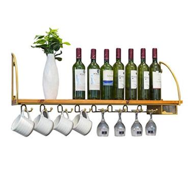 Imagem de Prateleira de parede de cozinha, suporte de parede para vinho com placa de madeira, suporte de metal de ferro dourado para rack de armazenamento de garrafa de vinho/estante/estante de copos de vidro