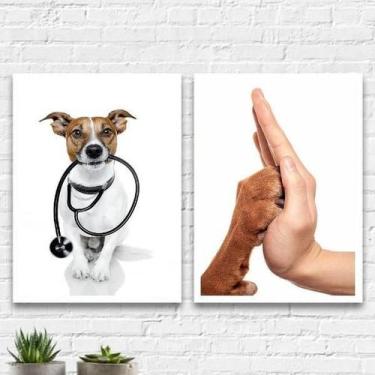 Imagem de Kit 2 Quadros Consultório Veterinário 33X24Cm Madeira Branca - Quadros