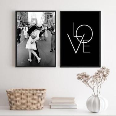 Imagem de Kit 2 Quadros Love Beijo Segunda Guerra 45X34 Moldura Preta - Quadros 