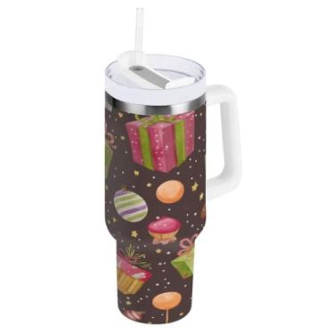 Imagem de Blueangle Copo com padrão natalino aquarela de 1,134 g com alça e tampa de palha, copo isolado, reutilizável, garrafa de água de aço inoxidável, caneca de viagem (788)