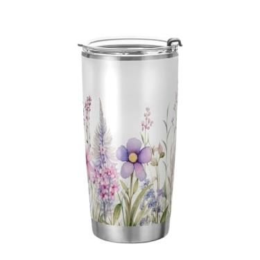 Imagem de xigua Copo de flores silvestres de jardim aquarela com tampa de palha, caneca de viagem a vácuo de parede dupla, caneca de café bem isolada, copo de aço inoxidável para bebidas quentes e frias, 600 ml