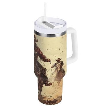 Imagem de xigua Copo vintage Western Cowboy de 850 g com tampa e canudo, aço inoxidável de vácuo duplo isolado garrafa de água esportiva suporte para copo de café de viagem à prova de vazamento para bebida