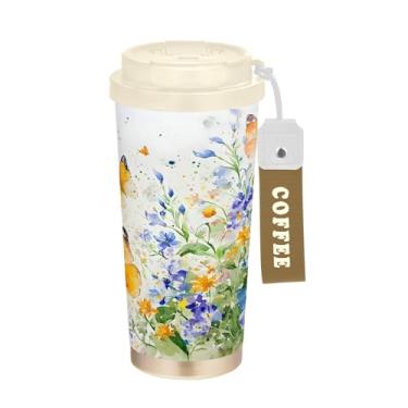 Imagem de SEHANY Caneca de viagem borboleta e flores de 482 ml Copos de café reutilizáveis revestidos de cerâmica com tampa à prova de vazamento, parede dupla, isolamento a vácuo, copo de café de aço inoxidável