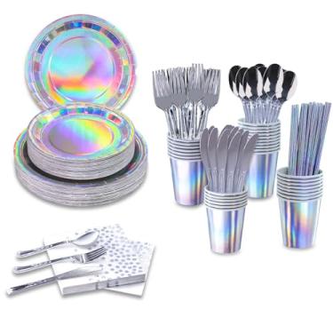 Imagem de 200/400 Pcs Party Supplies Set Paper Plates Napkins Cups Forks Knives and spoons serve for 25/50 Guests Birthday Party