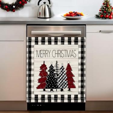 Imagem de Capa de ímã de lava-louças de Natal 58 x 66 cm Árvore de Natal Feliz Natal grade preta e branca inverno para cozinha casa reutilizável em fazenda capa de ímã de geladeira