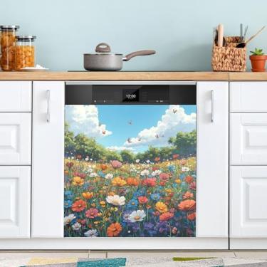 Imagem de ATTX Capa de ímã de lava-louças colorido flores silvestres prado, 58,4 cm C x 66 cm A decoração da capa da máquina de lavar louça, decalques de armário doméstico eletrodomésticos adesivos #145