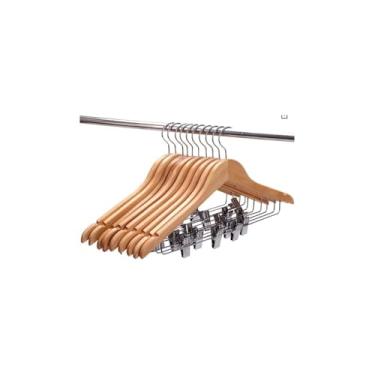 Imagem de Cabide de Madeira com Presilhas, Acabamento Verniz, Gancho Metálico Cromado 360°, 44cm x 24cm, 1 Unidade