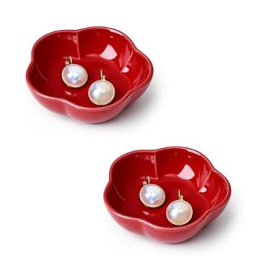 Imagem de Koythin Prato pequeno de 2 peças, anel de joias de cerâmica, tigela com suporte de chave de flores para mulheres, bandeja decorativa para cômoda, bandeja organizadora de decoração de casa (flor de