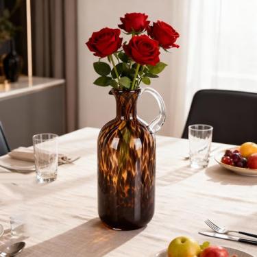 Imagem de Vaso de vidro de concha de tartaruga de 31 cm, vaso de vidro decorativo redondo translúcido marrom âmbar, vaso de fazenda moderno com estampa de leopardo, para decoração de casa, centro de mesa de