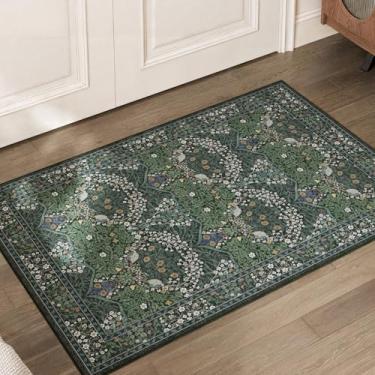 Imagem de ARKIIKI Tapete floral verde escuro lavável 5 x 7 cm para sala de estar, tapete boho vintage com estampa floral macia antiderrapante, verde floresta, tapetes baixos para quarto, sala de jantar