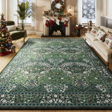 Imagem de ARKIIKI Tapete floral verde escuro lavável 20 x 25 cm para sala de estar, tapete boho vintage com estampa floral macia antiderrapante, verde floresta, tapetes baixos para quarto, sala de jantar