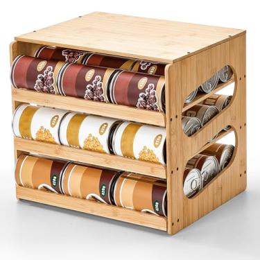 Imagem de Organizador de lata de sopa para despensa, organizador e armazenamento de latas de despensa de 4 níveis, armazenamento de alimentos enlatados de bambu para armário de cozinha de bancada