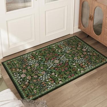 Imagem de ARKIIKI Tapete floral lavável 5 x 7 cm para cozinha, tapete boho vintage macio antiderrapante, verde floresta botânica, pequenos tapetes de pelo baixo para quarto, entrada, escritório em casa