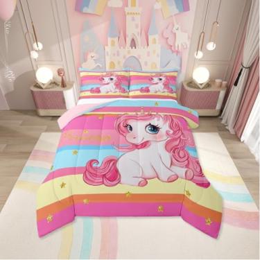 Imagem de Erosebridal Jogo de cama queen de unicórnio rosa para meninas | Conjunto de cama de princesa arco-íris e unicórnio, listrado, conjunto de cama de cavalo feminino, edredom para decoração de quarto de