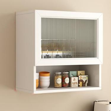 Imagem de Armário de remédios de madeira branca com porta de vidro – armazenamento sobre o banheiro, organizador de cozinha e banheiro montado na parede, suporte de exibição suspenso com alça oculta, ideal para