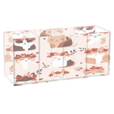 Imagem de Burbuja Porta-canetas de acrílico Valentine Cats, 4 compartimentos, suporte de lápis transparente para pincéis de maquiagem, acessórios de mesa de escritório em casa