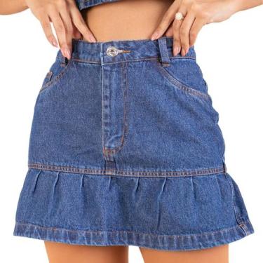Imagem de Saia Jeans Curta Babado Cintura Alta Barra Feita - Magalu Marketplace,