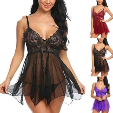 Imagem de Camisola em Renda + Calcinha Fio Dental - Desejo de Usar, Preto, GG